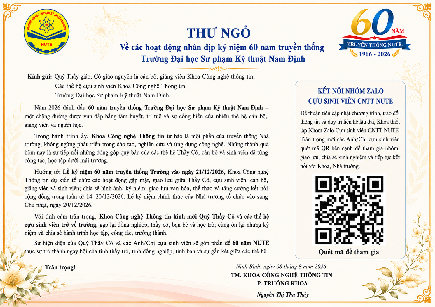 THƯ NGỎ: Về hoạt động nhân dịp kỷ niệm 60 năm truyền thống Trường Đại học Sư phạm Kỹ thuật Nam Định